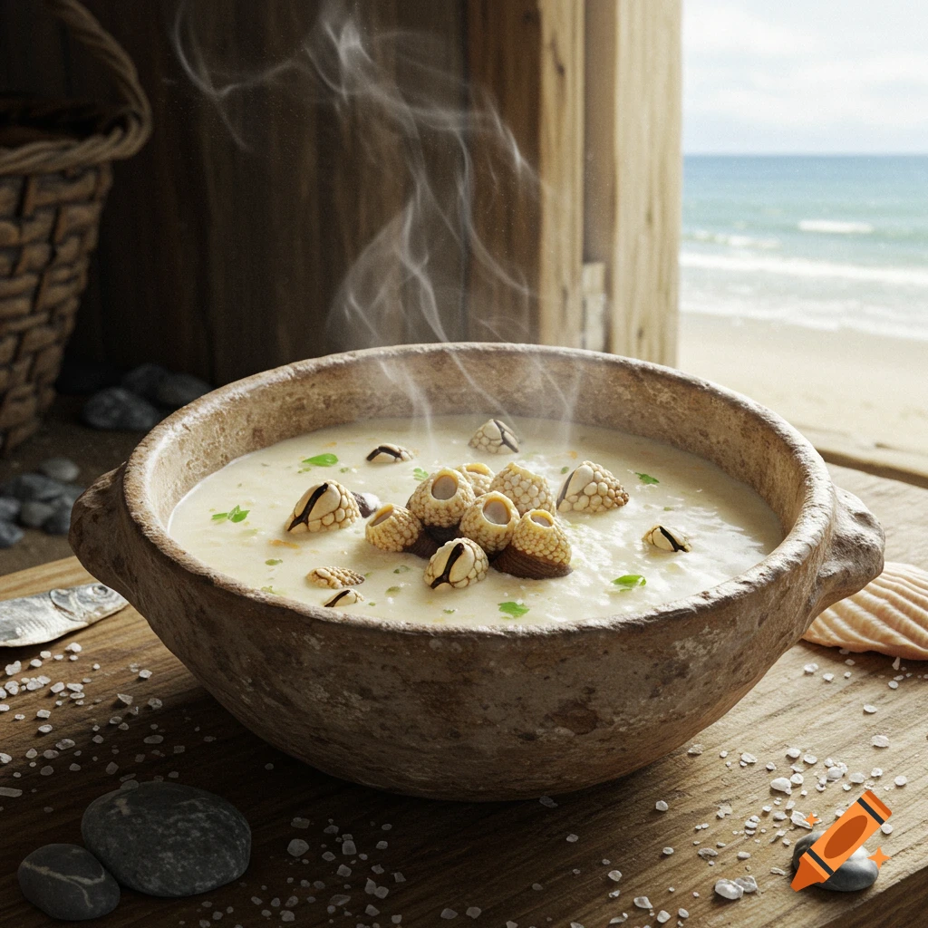 A steaming bowl of barnacle soup sits on a wooden surface, with a beach and the ocean visible in the background.