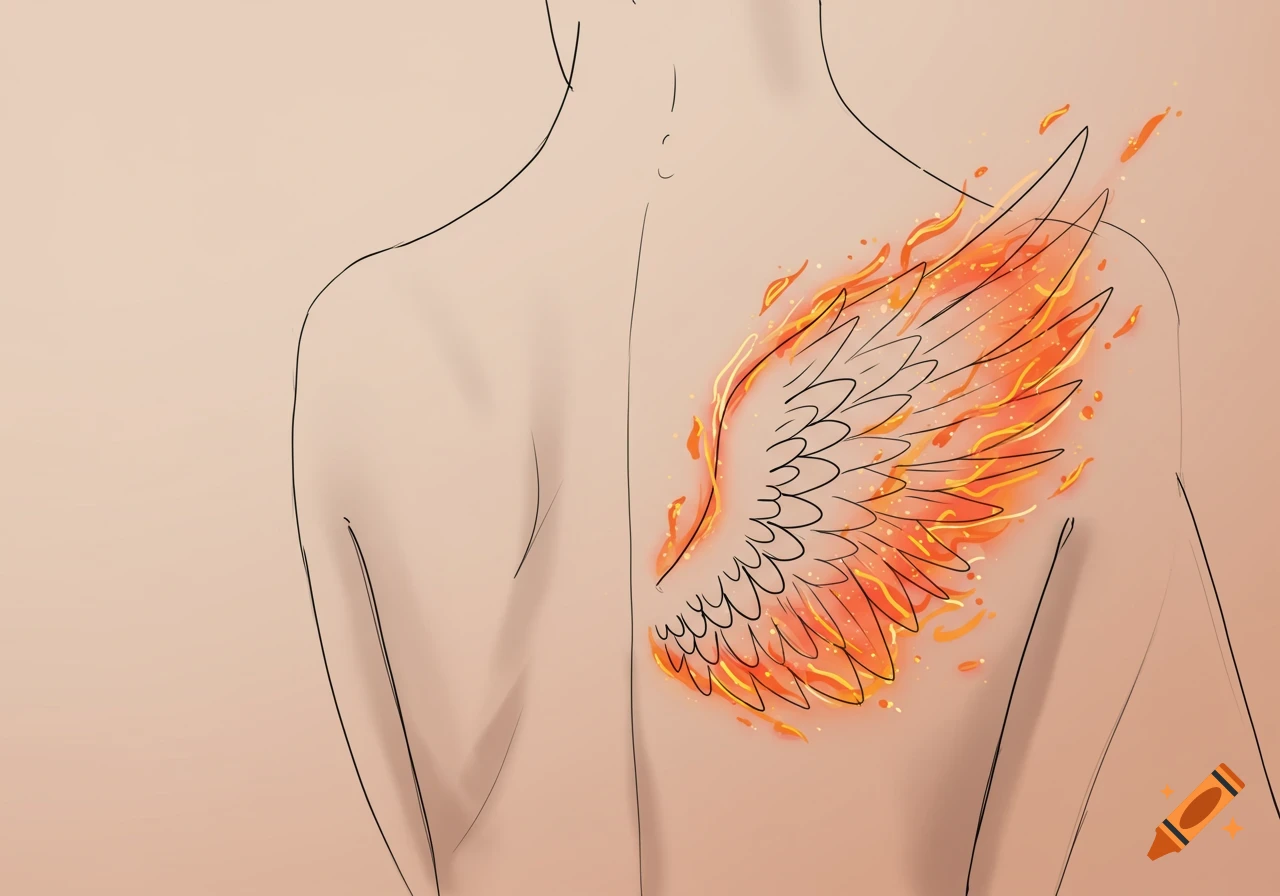 A minimalist line art drawing of a person's back with a flaming wing tattoo on their shoulder blade.
