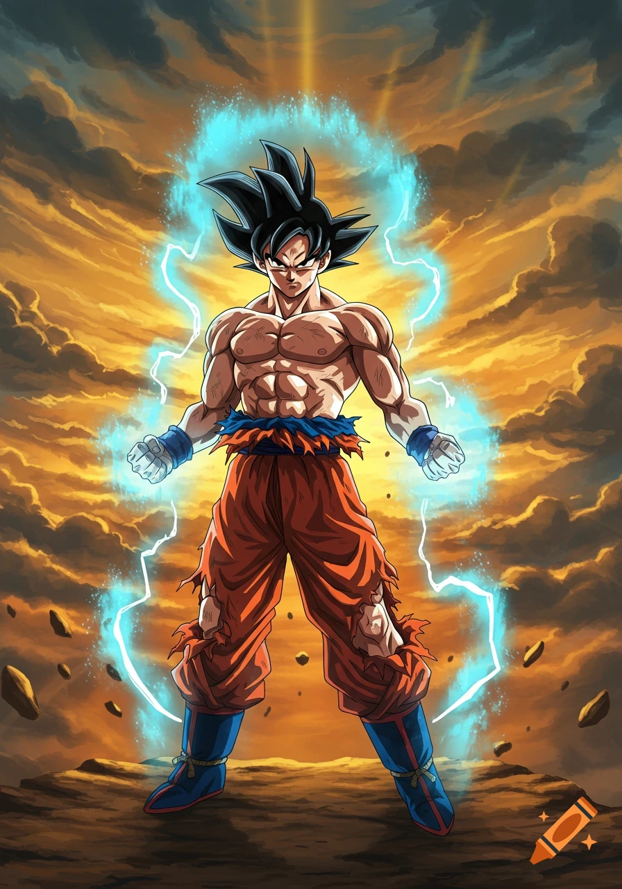 Muscular anime character Goku stands on a rocky ground, emanating a vibrant blue aura under an orange sky.