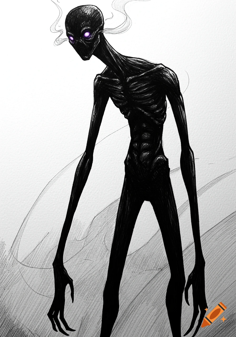 A tall, slender, dark creature resembling an Enderman with glowing purple eyes, drawn in a black ink sketch style.