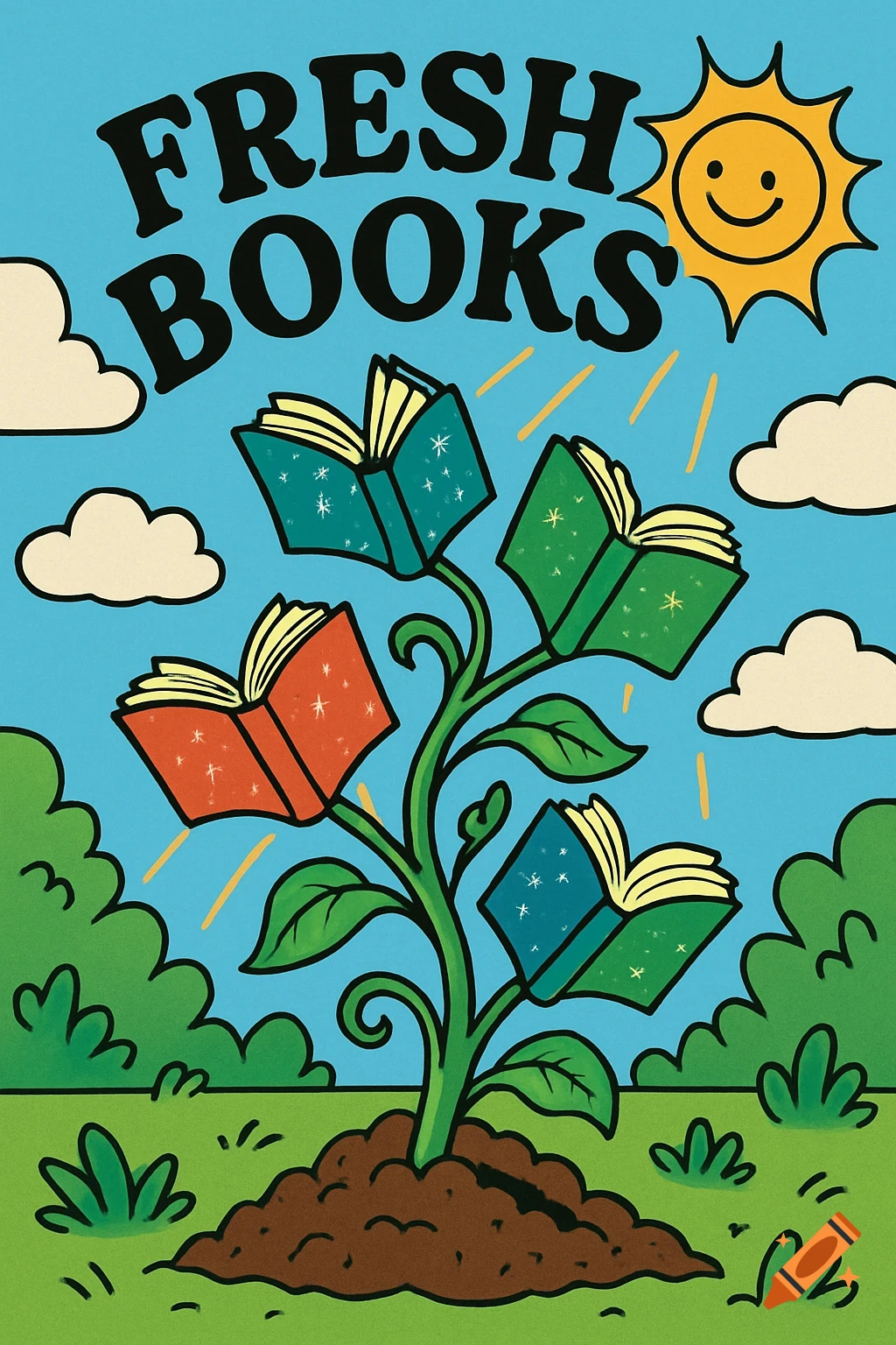 Cartoon illustration of a plant with books as fruit, set against a blue sky with clouds and a smiling sun. The text "FRESH BOOKS" is at the top.