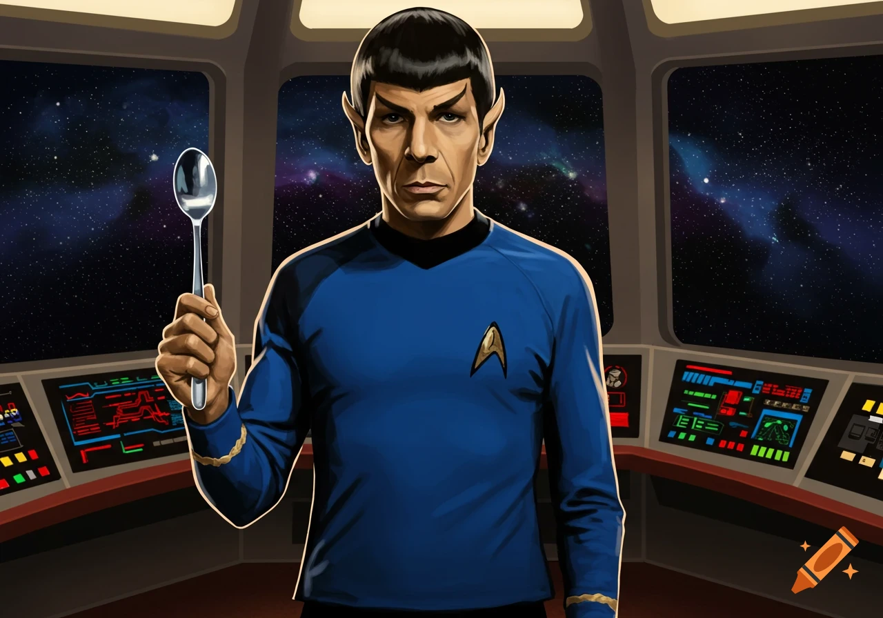 Illustration of Spock in a blue Starfleet uniform, standing on a spaceship bridge and holding up a spoon.