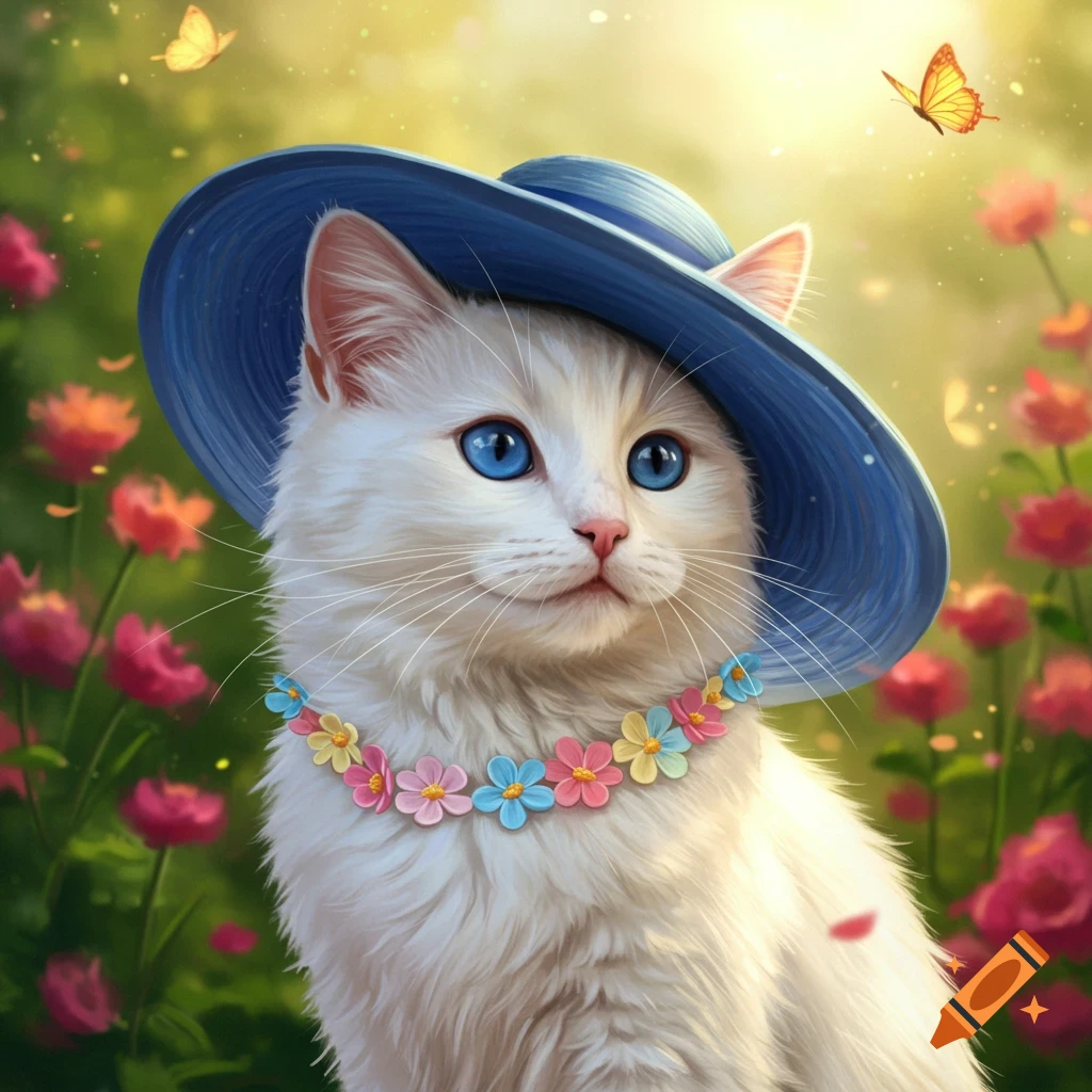 A white cat wearing a blue hat and colorful flower necklace sits in a vibrant garden with pink flowers and butterflies.