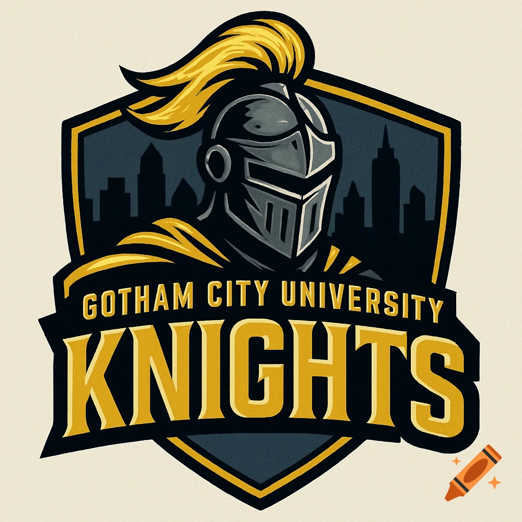 A professional comic book style logo for Gotham City University Knights, featuring a knight's helmet, city skyline, and text.