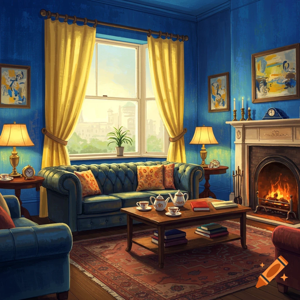 A cozy living room with blue walls, yellow curtains, a fireplace, and a blue tufted sofa. Teaware and books sit on a coffee table.