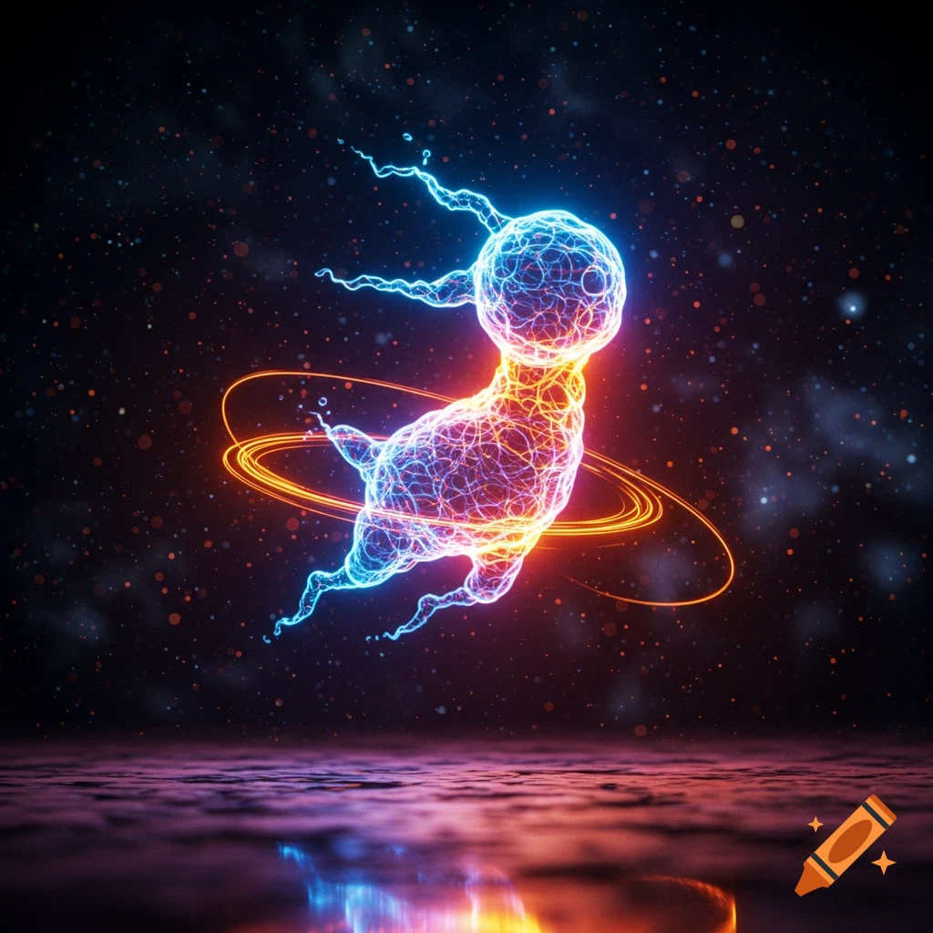 Abstract glowing creature of blue and orange light, resembling a neuron, floating in starry space with reflections.