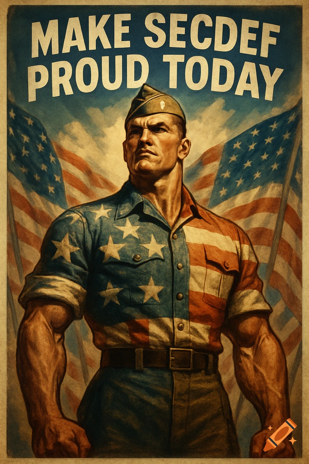 Vintage propaganda poster of a muscular man in a patriotic uniform with American flags, text reads 'MAKE SECDEF PROUD TODAY'.