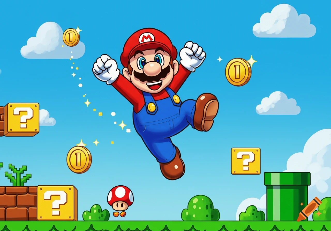 Cartoon illustration of Mario jumping in a blue sky with question blocks, coins, and a mushroom in a pixelated landscape.