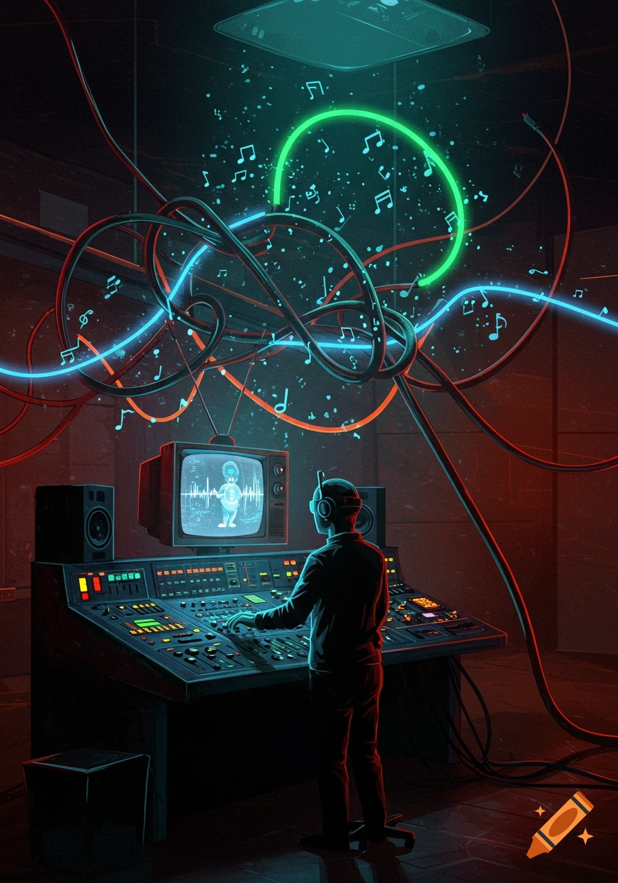 A music engineer in headphones works at a large control panel in a dark, neon-lit room with glowing wires and floating musical notes.
