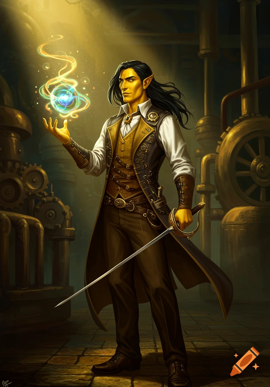 A male character with yellow skin and black hair in steampunk attire holding a glowing magical orb and a rapier in an industrial setting.