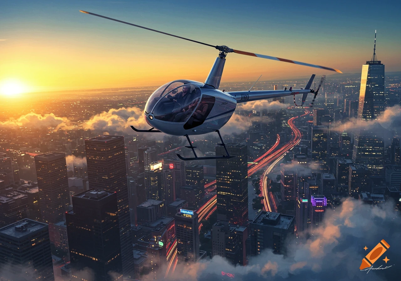 A photorealistic image of a helicopter flying over a city skyline at sunset, with long light trails from cars.