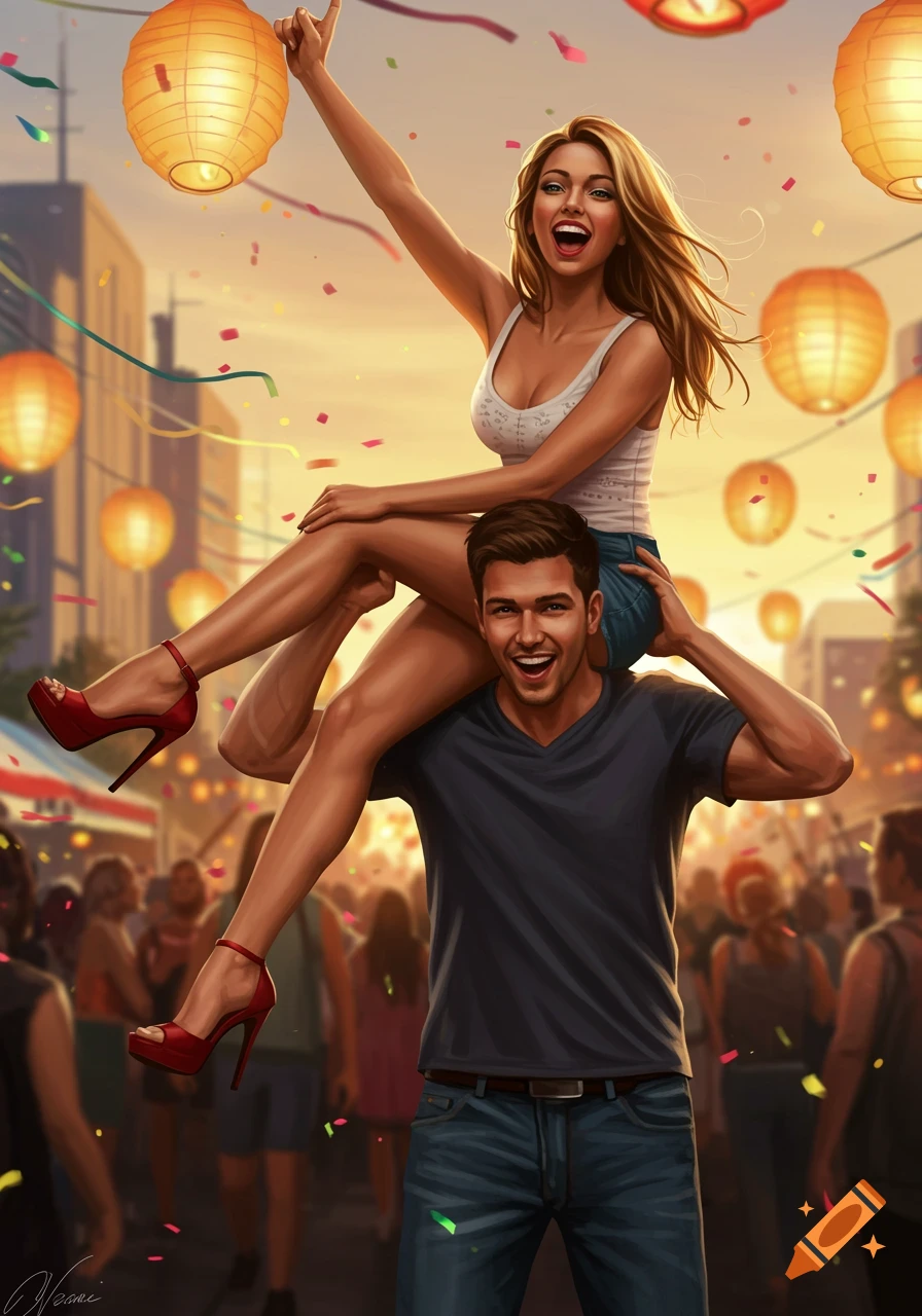 A vibrant digital illustration shows a smiling woman on a man's shoulders amidst a festive street, illuminated by lanterns and confetti.