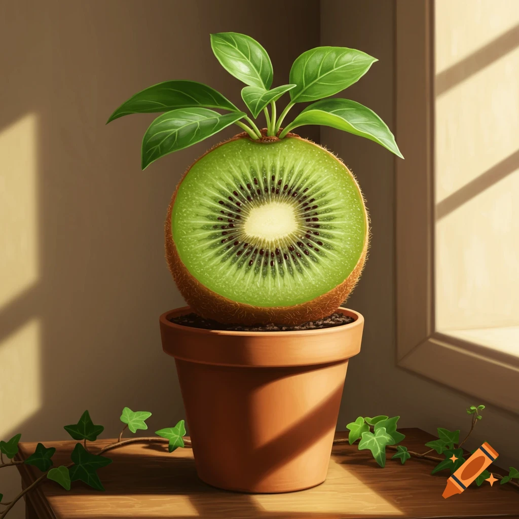 Halved kiwi fruit with green leaves growing from it, planted in a terracotta pot on a sunlit wooden surface.