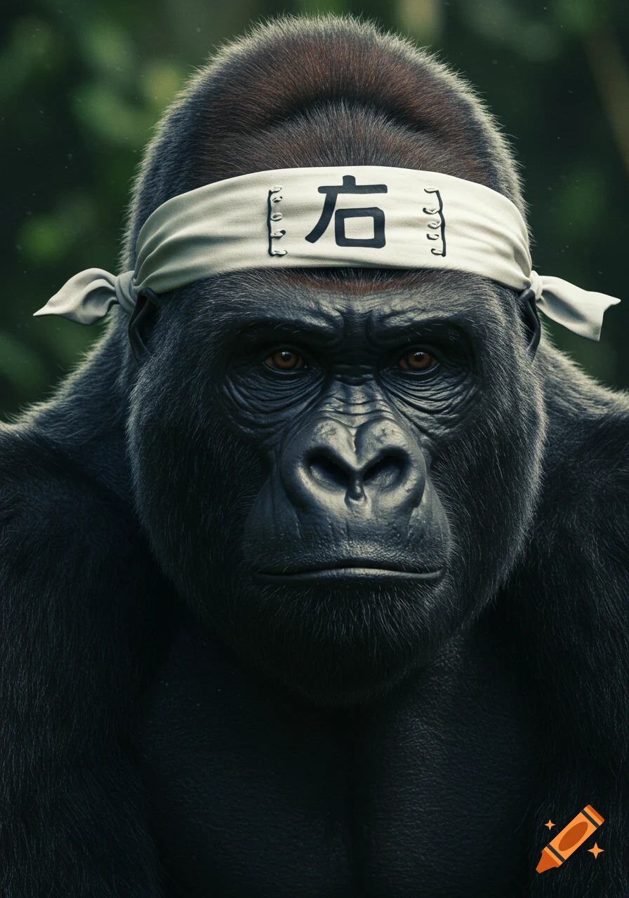 Photorealistic portrait of a gorilla wearing a white hachimaki with a black kanji character, staring intensely forward.