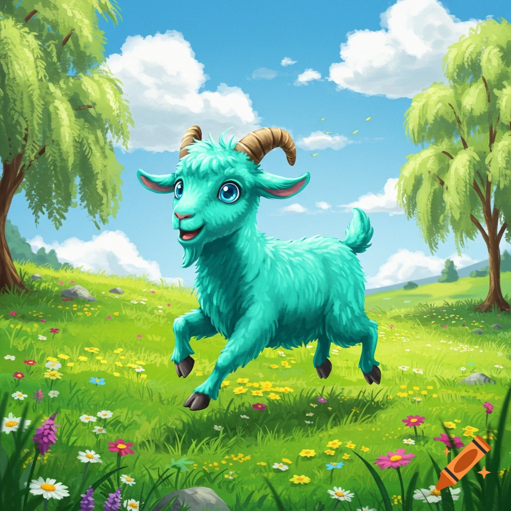 A vibrant teal cartoon goat with large eyes joyfully runs through a sunny, flower-filled green field with trees and a blue sky.