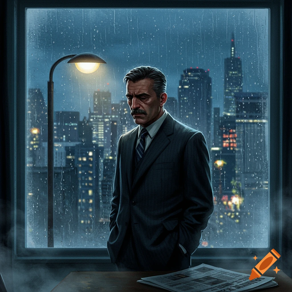 A man with a mustache stands by a window on a rainy night, looking sadly at the illuminated cityscape outside. A newspaper rests on the table.
