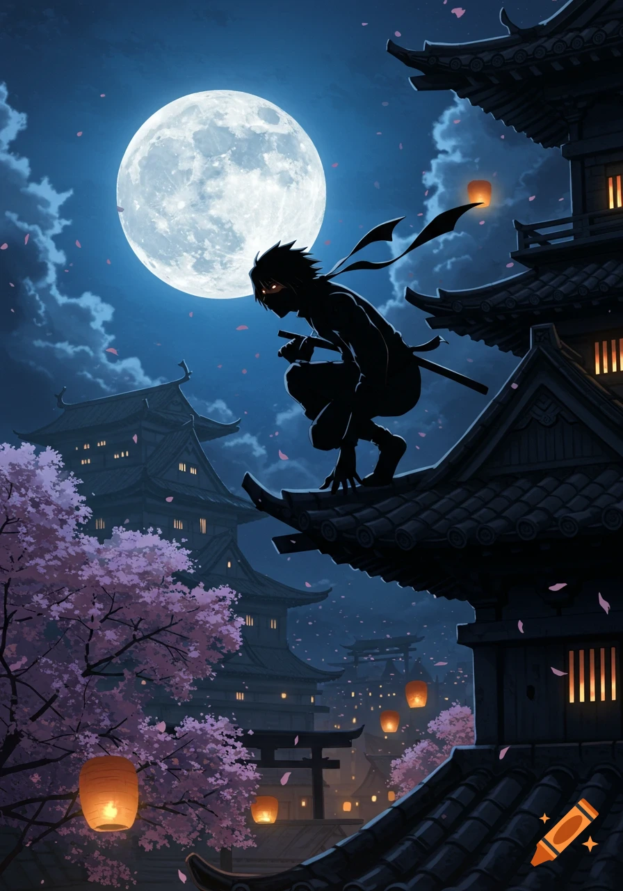 Anime style image of a ninja silhouette crouching on a traditional Japanese rooftop at night, under a bright full moon with cherry blossoms and lanterns.