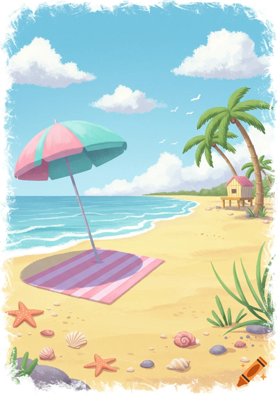 A cute, illustrated beach scene featuring a pink and teal umbrella, striped towel, palm trees, ocean, and starfish on the sand.