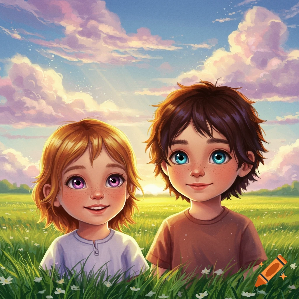 Two smiling cartoon children with bright eyes and freckles stand in a lush green field under a vibrant cloudy sky, digital art.