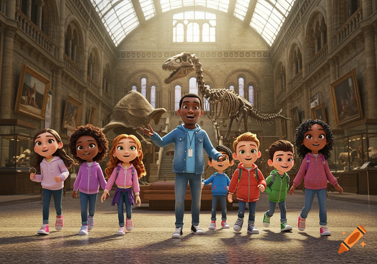 A diverse group of animated children and a male teacher on a field trip in a grand museum with dinosaur skeletons.