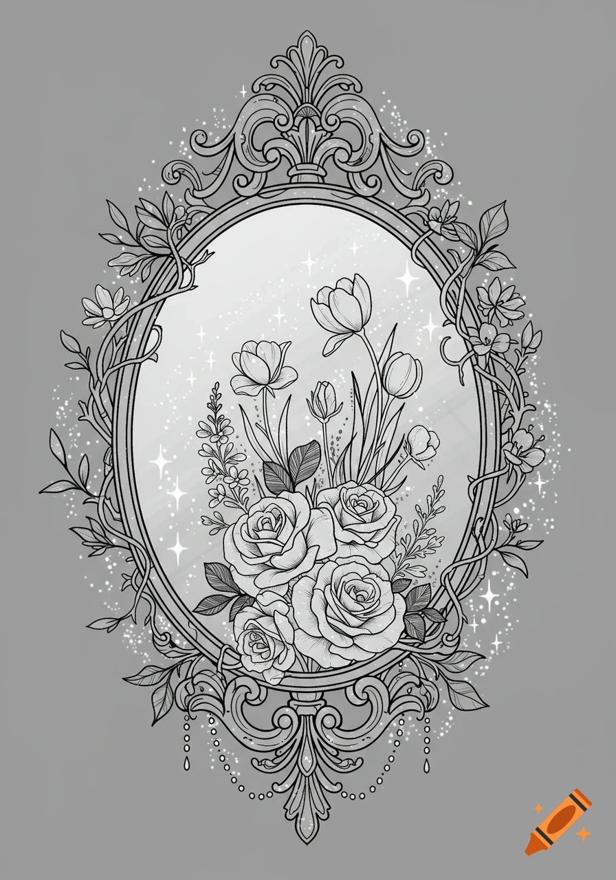 Black and white line art illustration of an ornate gothic oval mirror frame surrounded by detailed roses, tulips, and wildflowers with sparkling vines.