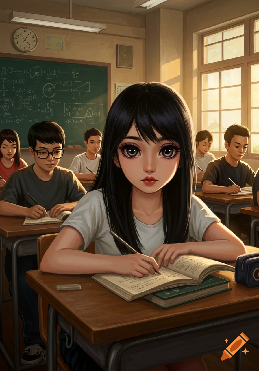 Anime-style girl with black hair and big eyes writes in a notebook at a school desk, other students and blackboard in classroom.