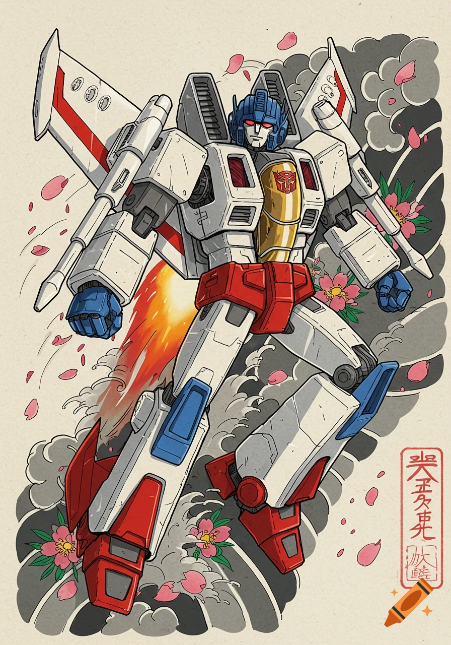 Classic G1 Jetfire Transformer in traditional Japanese Irezumi tattoo style, soaring amidst clouds and cherry blossoms.