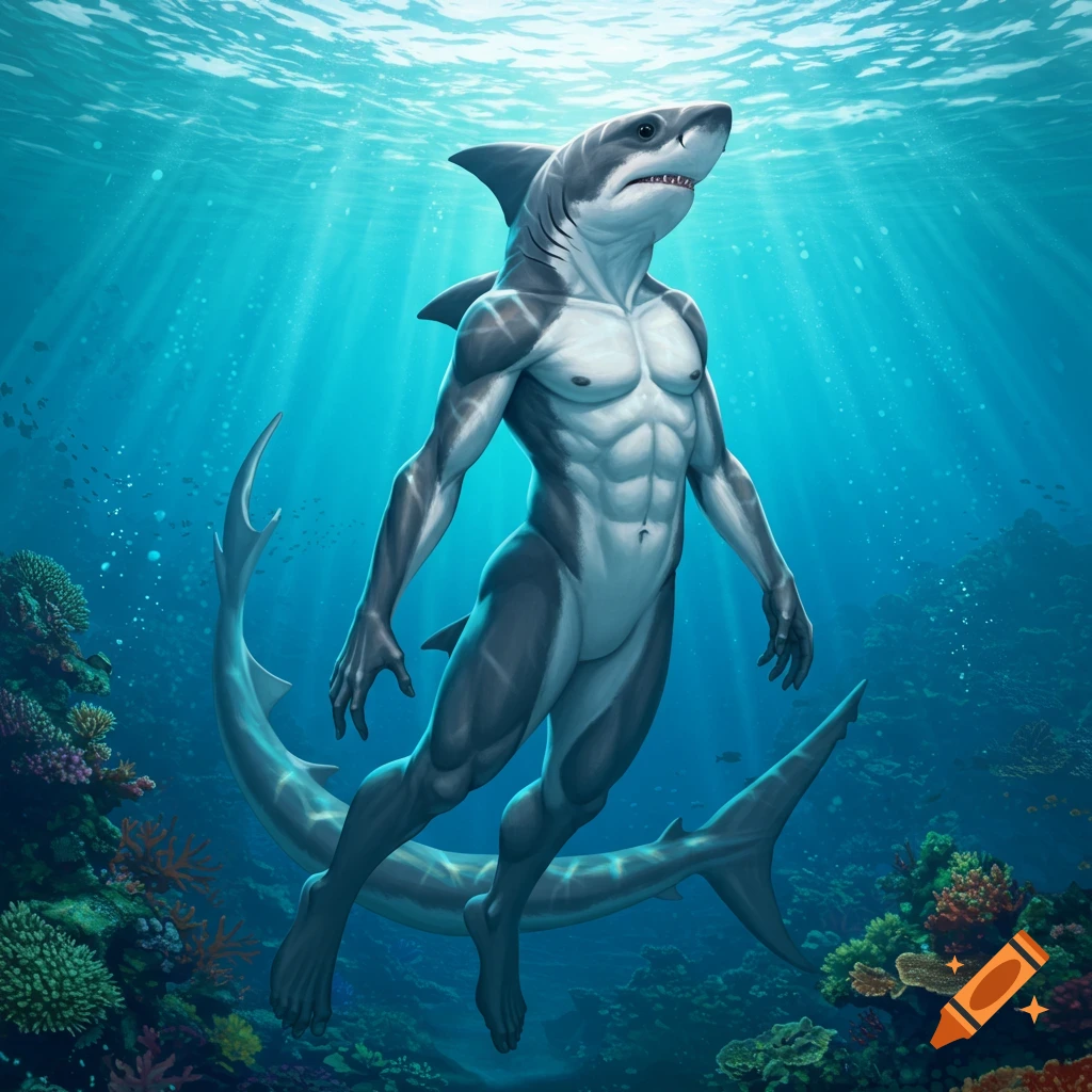 A muscular humanoid great white shark floats gracefully underwater amidst coral reefs, with light rays piercing the blue water.