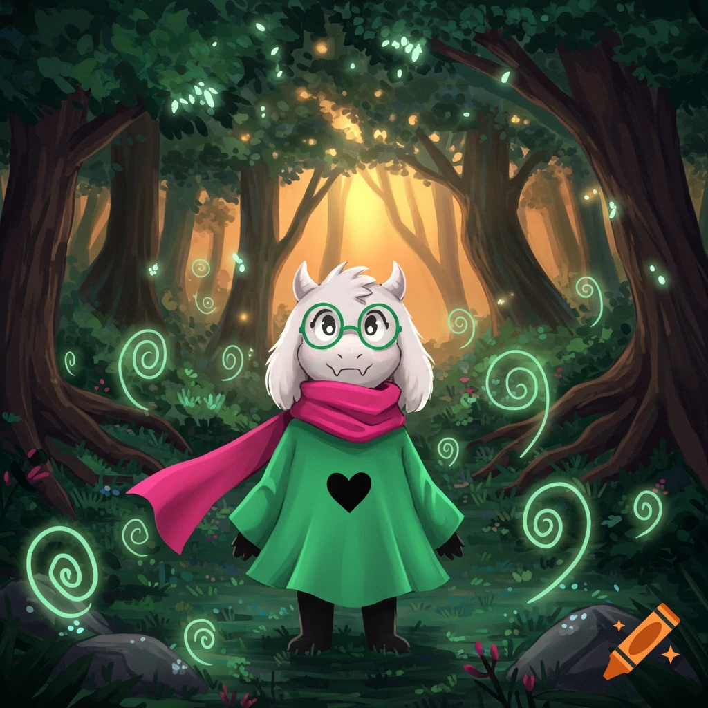 An illustration of Ralsei, a white goat-like character in green robes, pink scarf, and green glasses, in a magical forest.