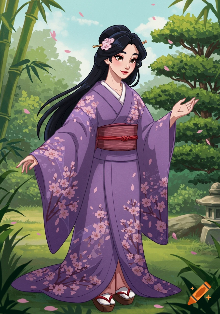 A Japanese princess in a purple kimono with cherry blossoms stands in a garden with bamboo, in a 2D Disney anime style.