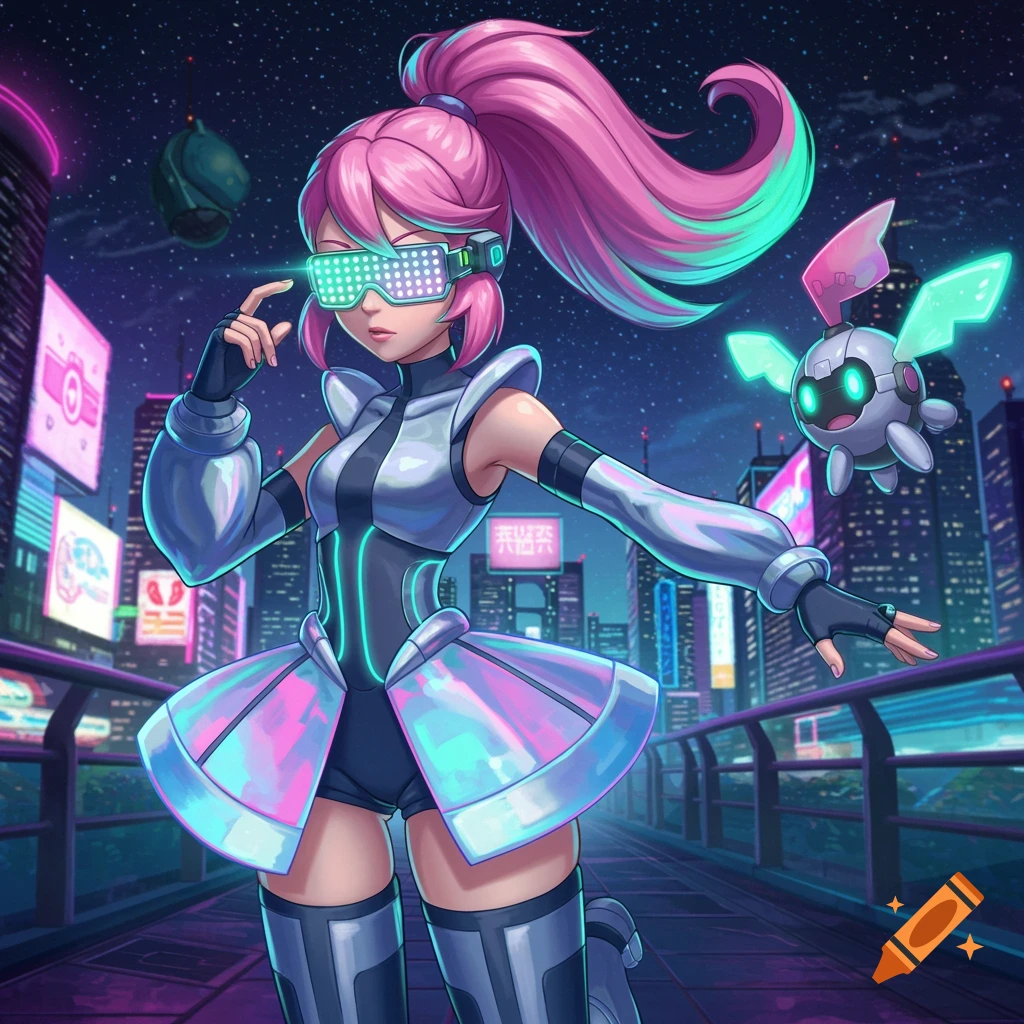 An anime girl with pink and teal hair, wearing futuristic silver and black clothing with glowing accents, stands in a cyberpunk city at night with a small robot creature with glowing wings.