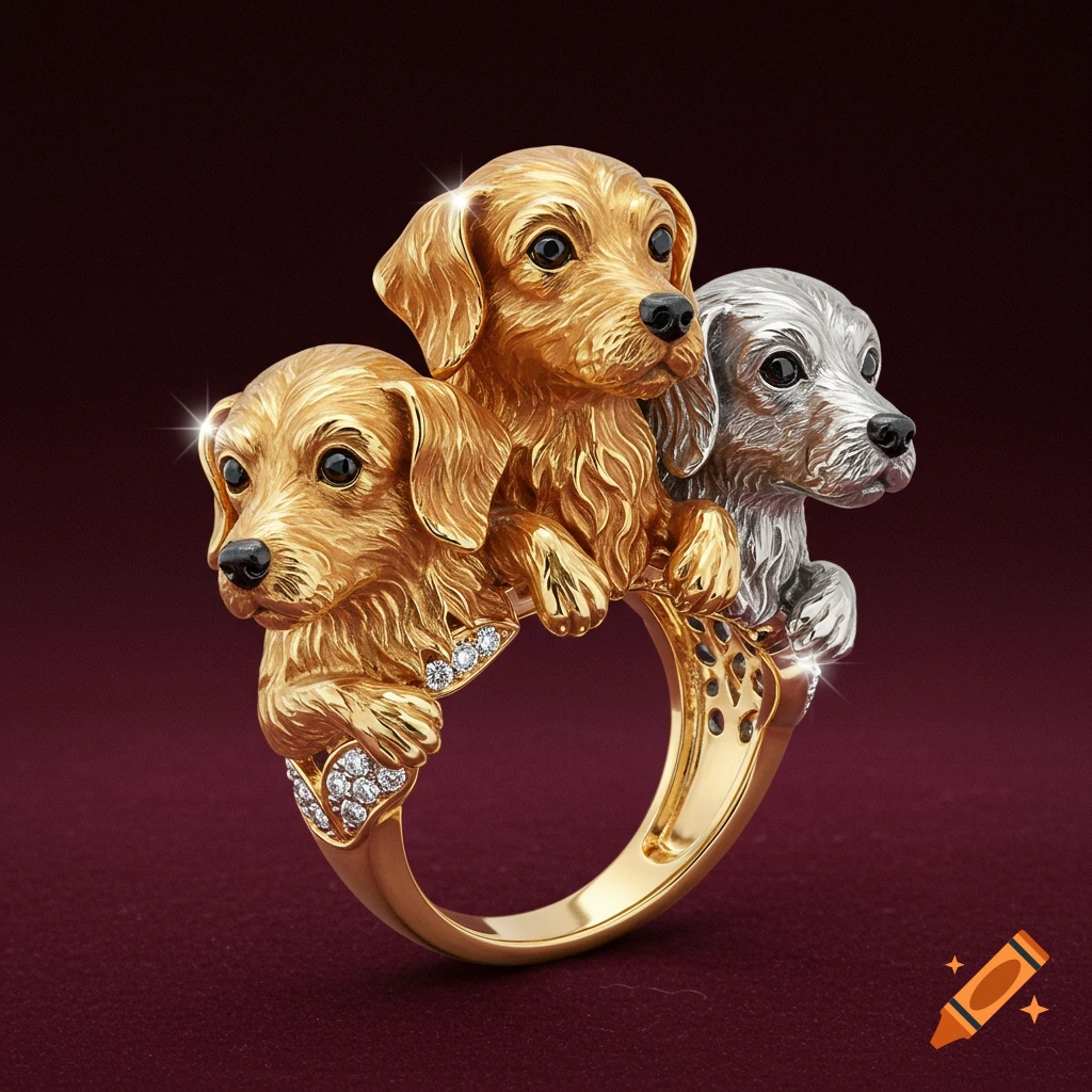 A golden ring featuring three detailed dog heads, two gold and one silver, with sparkling gem accents.