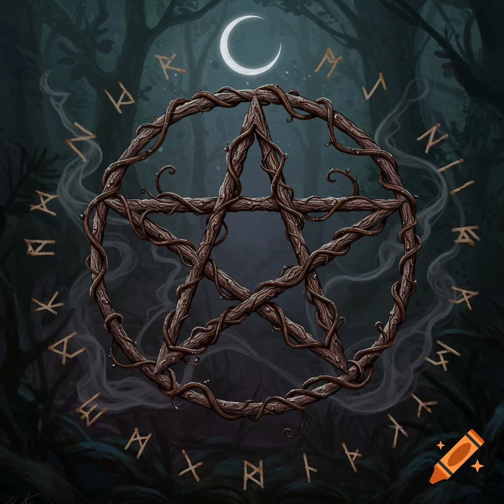 A twisted vine pentagram with runes and a crescent moon in a dark, misty forest.