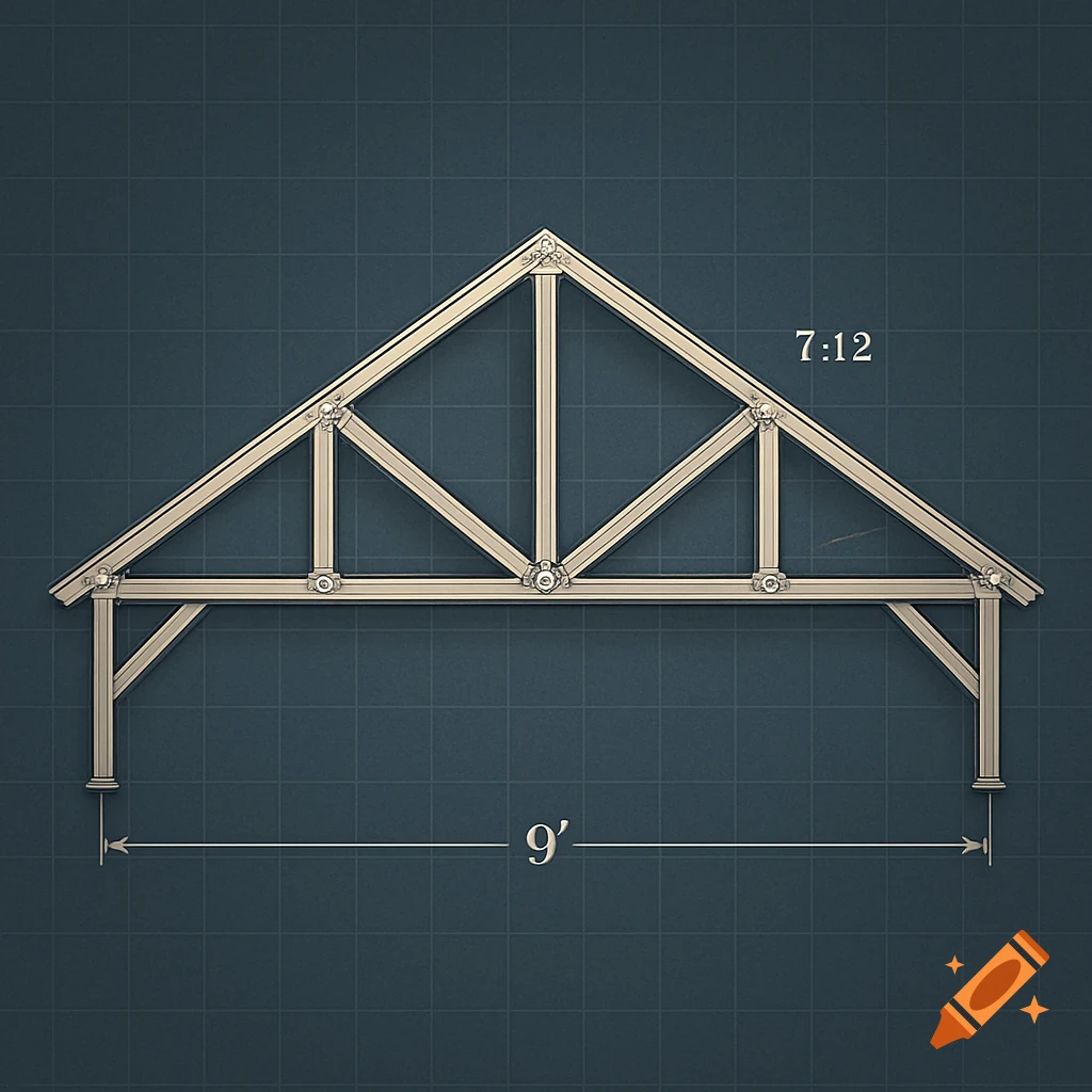 A W-truss diagram on a dark blueprint grid, labeled with 7:12 pitch and 9' span.