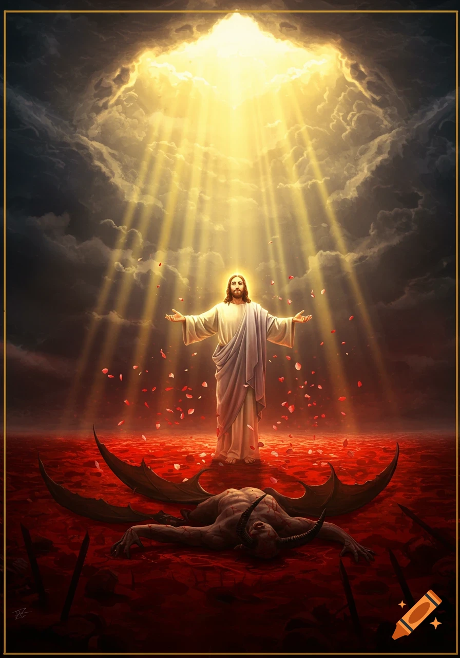 Jesus stands triumphant over a defeated devil in a red landscape under a divine light.