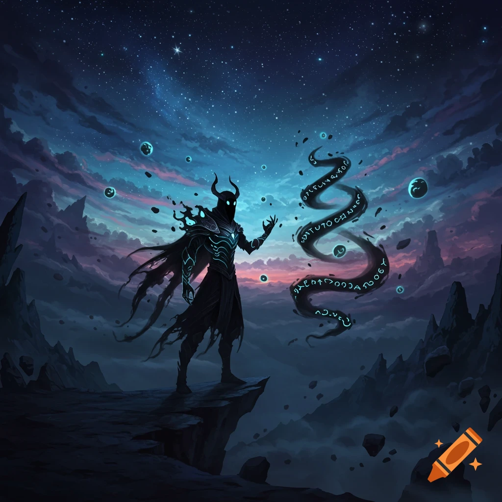Dark, horned figure with glowing teal armor and a tattered cape stands on a cliff, conjuring a swirling column of shadowy glyphs under a starry night sky.