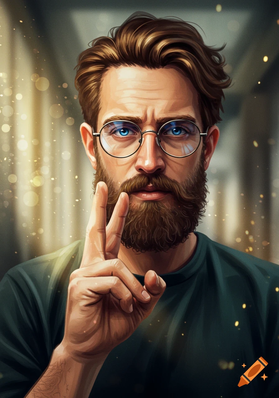 A stylized digital art portrait of a bearded man with bright blue eyes and round glasses, holding up two fingers.