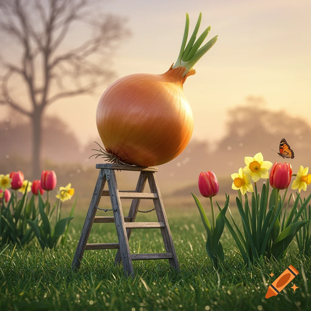A giant onion rests on a small wooden ladder in a field of tulips and daffodils with a butterfly.