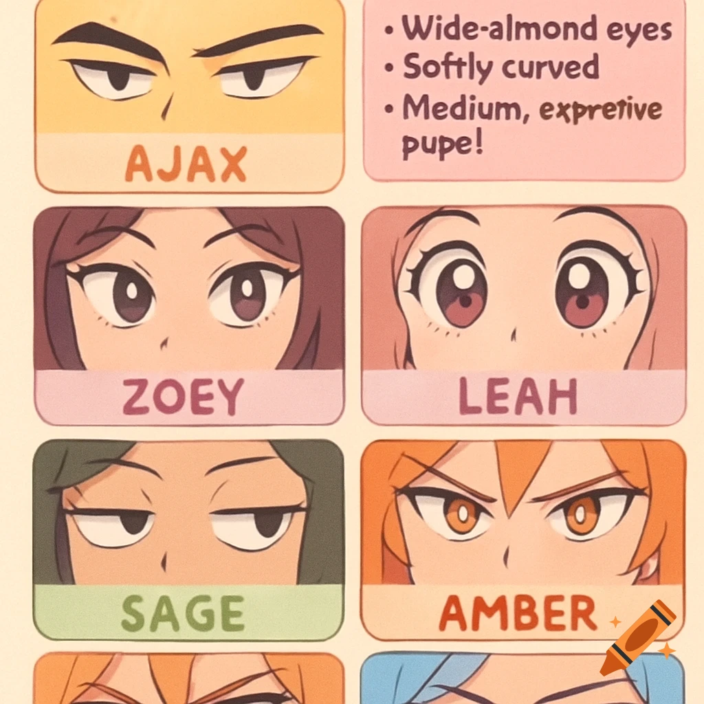 A cartoon style guide showing different eye shapes and expressions for characters named Ajax, Zoey, Leah, Sage, and Amber.