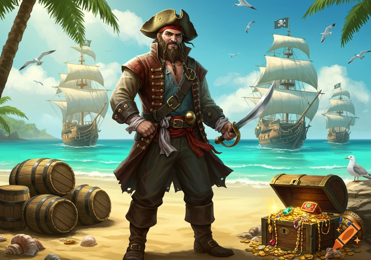 A standing pirate with a sword on a tropical beach with treasure, barrels, and pirate ships in the background.