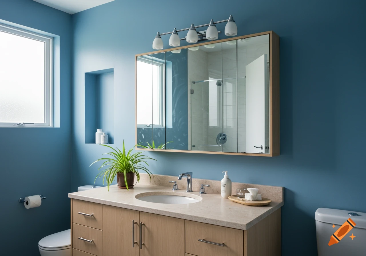 A modern bathroom with deep blue walls, a sandy wood vanity, a mirrored cabinet, and a spider plant.