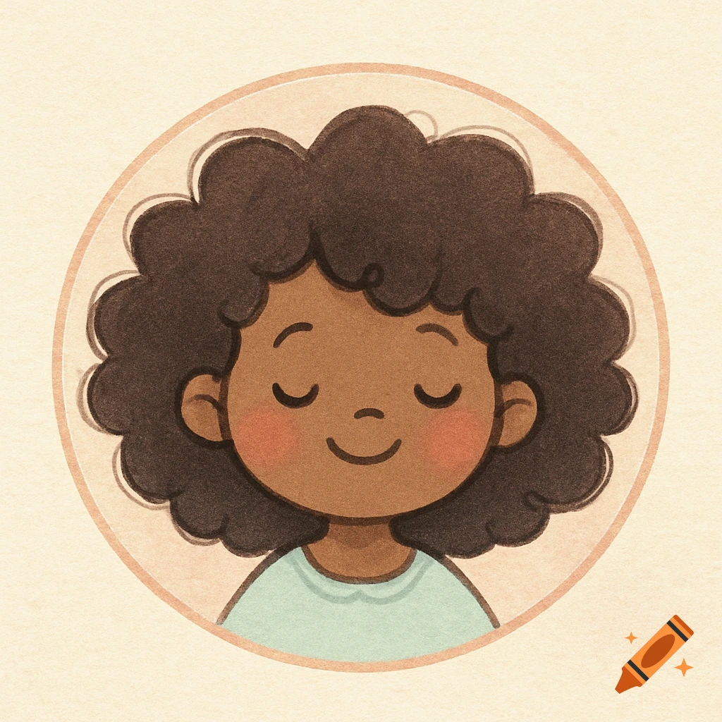 Pastel cartoon logo of a cute Black girl with curly hair and closed eyes in a circle.