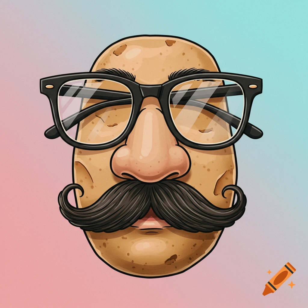 Cartoon illustration of a potato with a black mustache, glasses, and a fake nose on a gradient background.