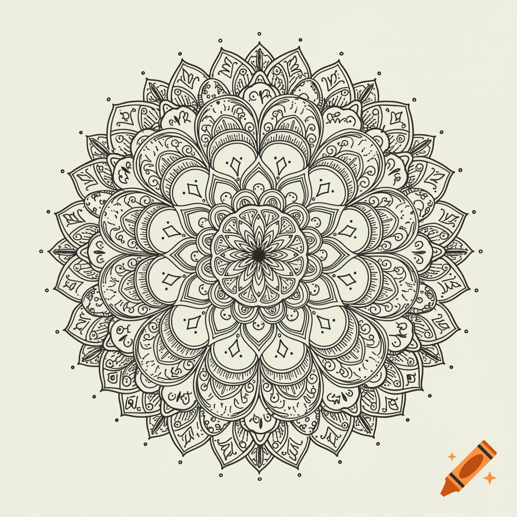 Detailed black and white mandala pattern on a light background.