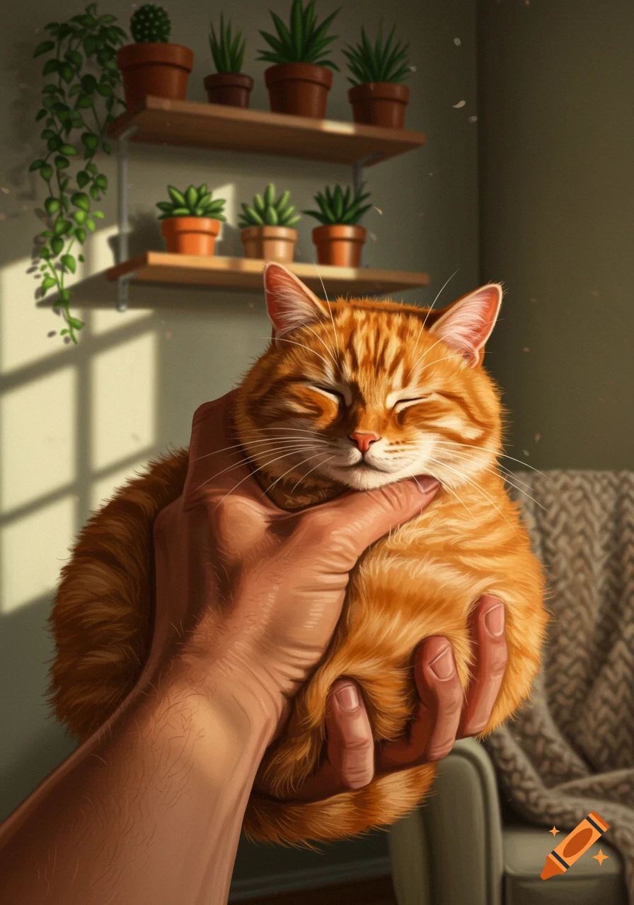 A male hand gently holds a content ginger cat, basking in sunlight indoors with potted plants.
