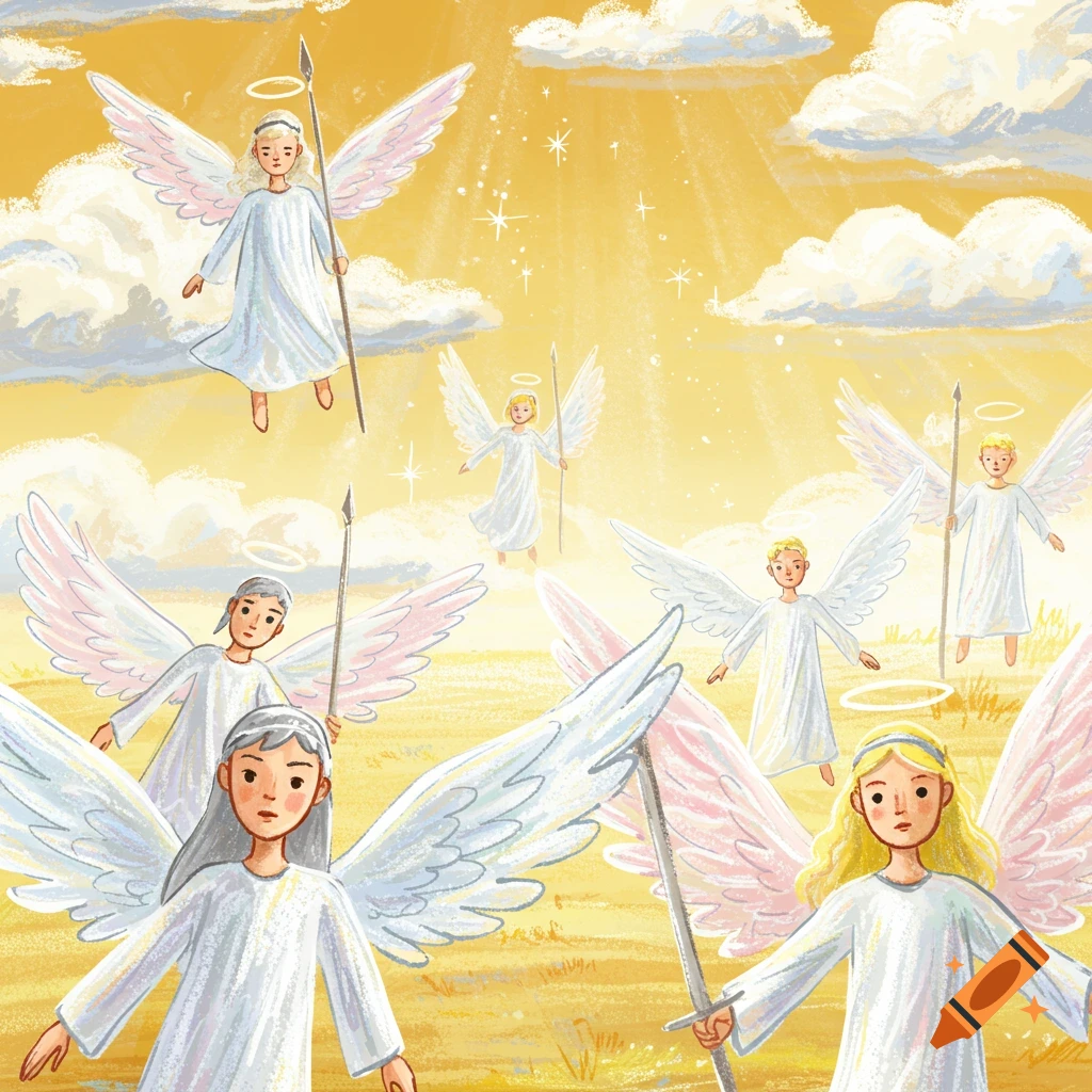 A group of stylized angels with wings and halos, some holding spears or swords, stand under a bright, sunny sky with clouds.