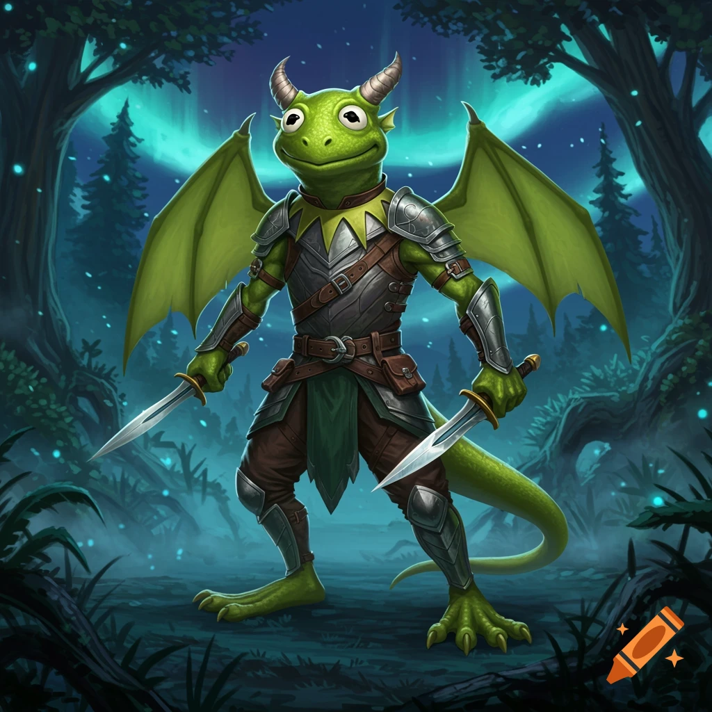 A green, frog-like dragonborn warrior in full armor holds two daggers in a mystical forest with an aurora sky.
