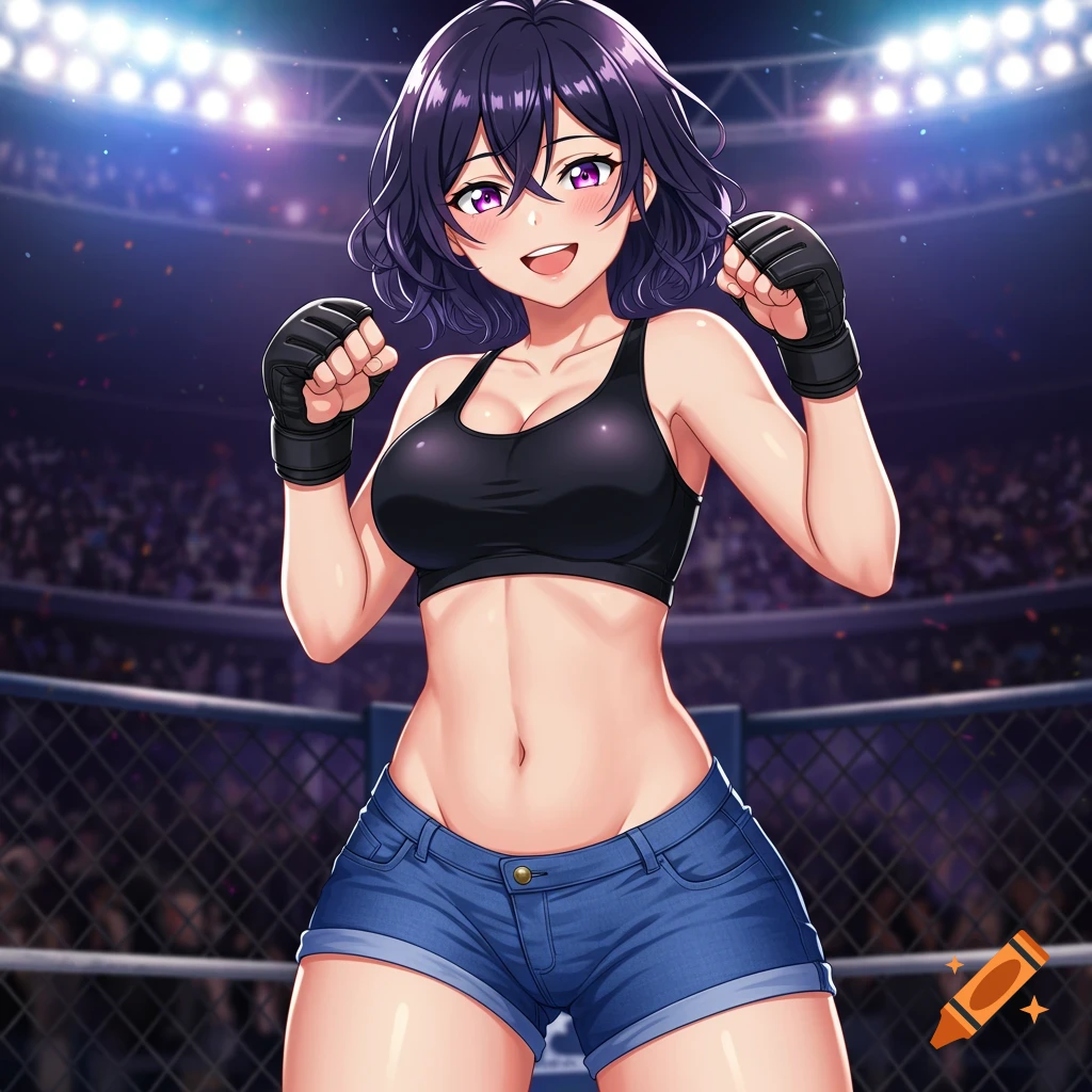 Anime girl smiling in a sports bra, denim shorts, and MMA gloves in a fighting ring.