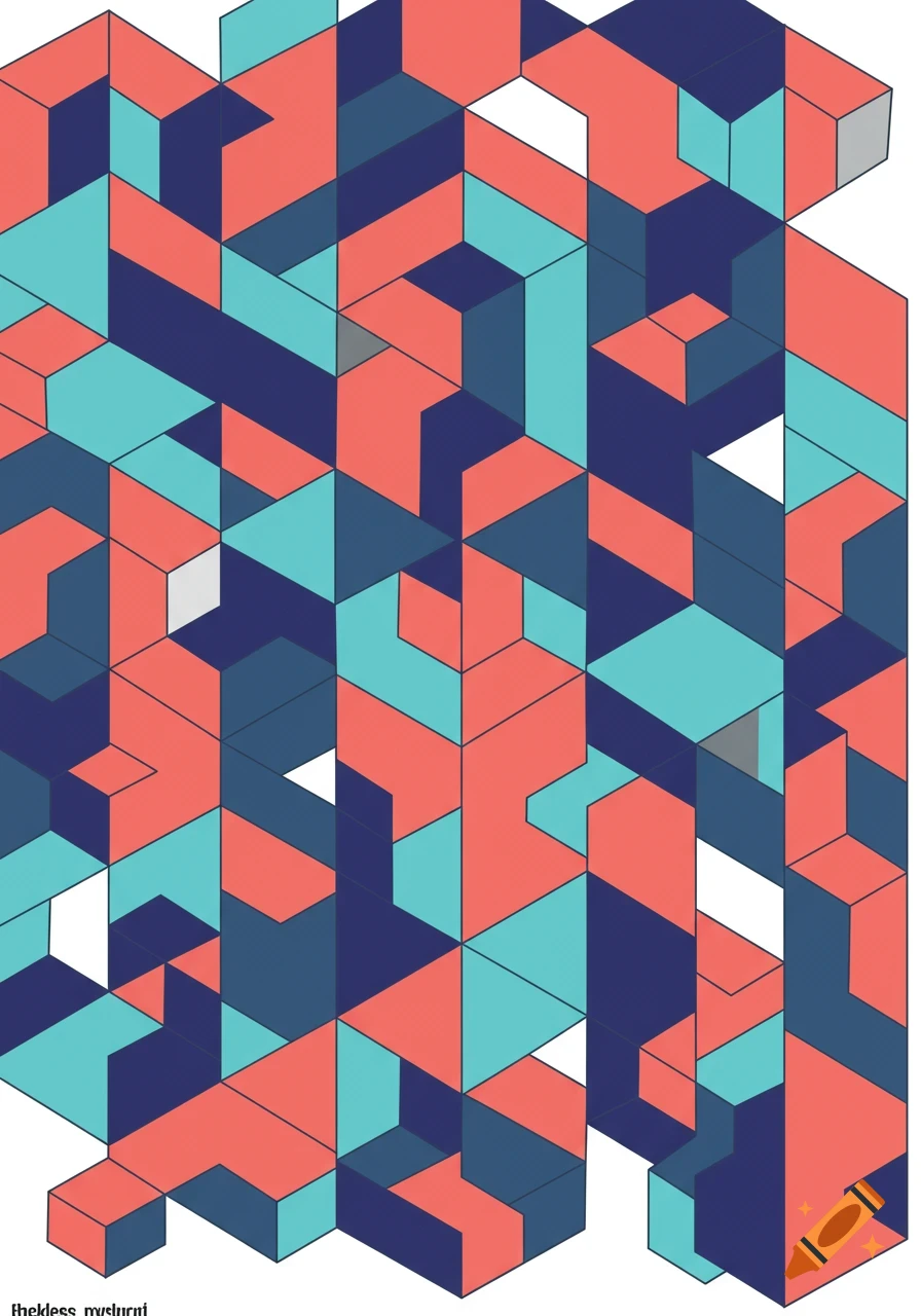 An abstract isometric geometric pattern featuring blocks in teal, dark blue, and coral.