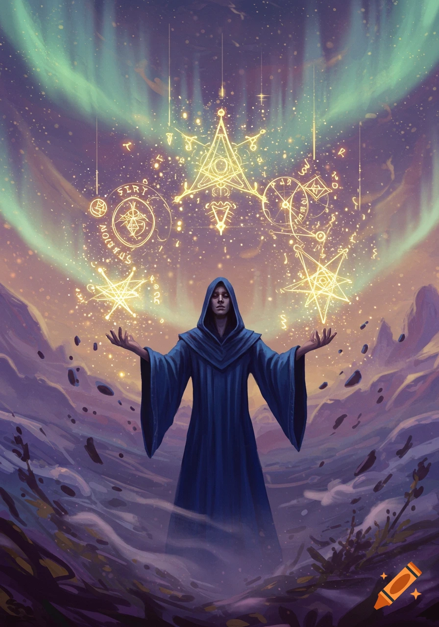 A hooded figure in a blue robe stands in a magical landscape, casting a spell with glowing golden symbols and starry particles emanating from their hands towards the sky.